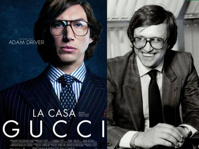A la izquierda, cartel promocional de &#039;La Casa Gucci&#039; con Adam Driver / A la derecha, Maurizio Gucci durante una reunión como presidente de la firma Gucci
