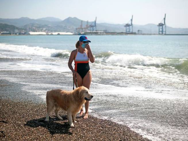 Una mujer pasea con su perro por una playa de Málaga.