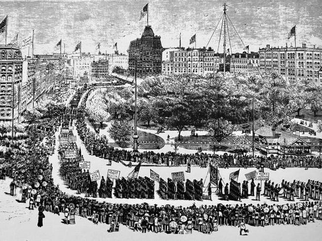 Huelga de trabajadores en Nueva York del siglo XIX.