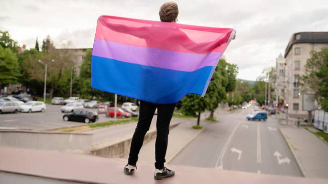 Persona sujetando la bandera del Orgullo Bisexual.