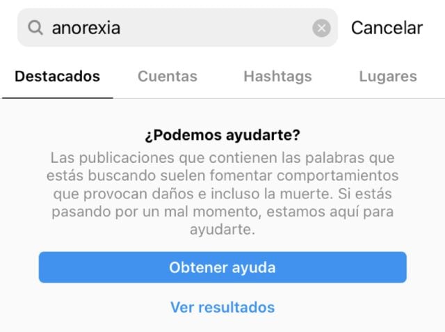 Mensaje de ayuda de Instagram frente a los trastornos alimenticios.