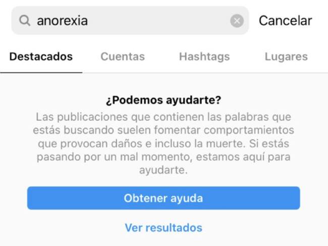 Mensaje de ayuda de Instagram frente a los trastornos alimenticios.