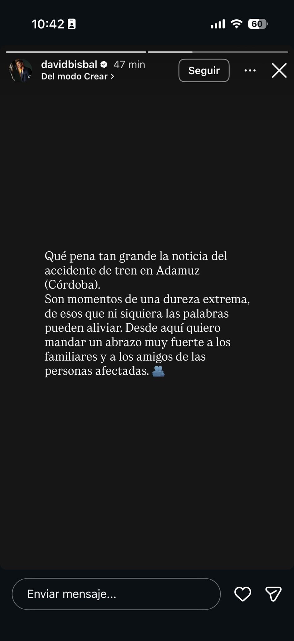 Captura de pantalla del storie de David Bisbal en Instagram