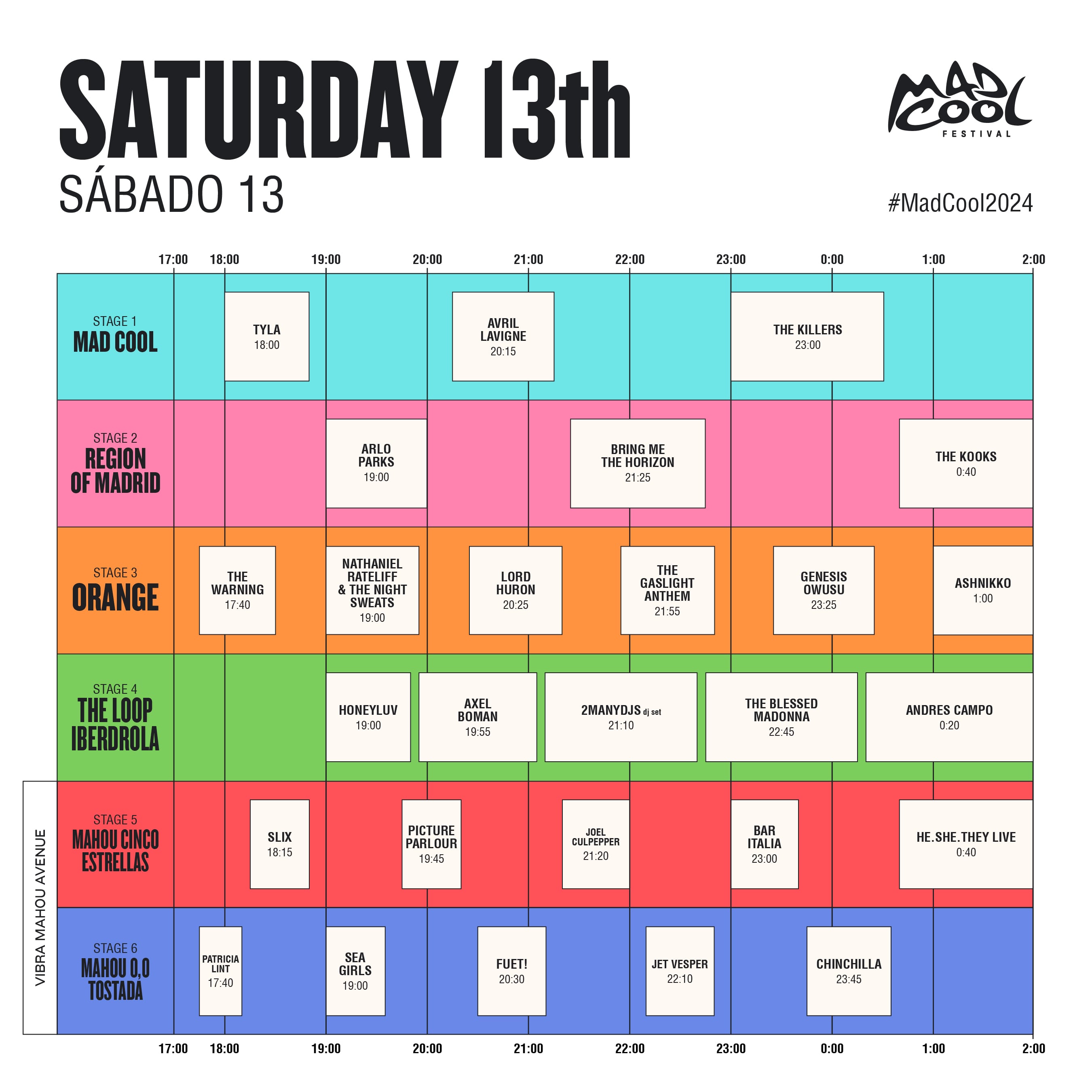 Horarios del sábado 13 de julio del Mad Cool.