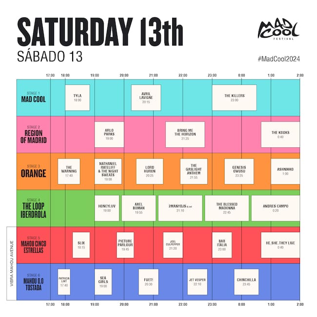 Horarios del sábado 13 de julio del Mad Cool.