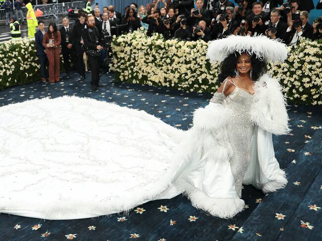 Diana Ross no ha pasado desapercibida, aunque solo sea por el espacio que necesitaba para lucir la larga capa de flecos blancos, seda y finísimo estampado metalizado que llevaba sobre un vestido de paillettes plateados. El sombrero, también maxi.