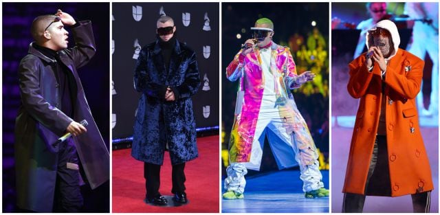 Varios de los looks con abrigo largo de Bad Bunny.