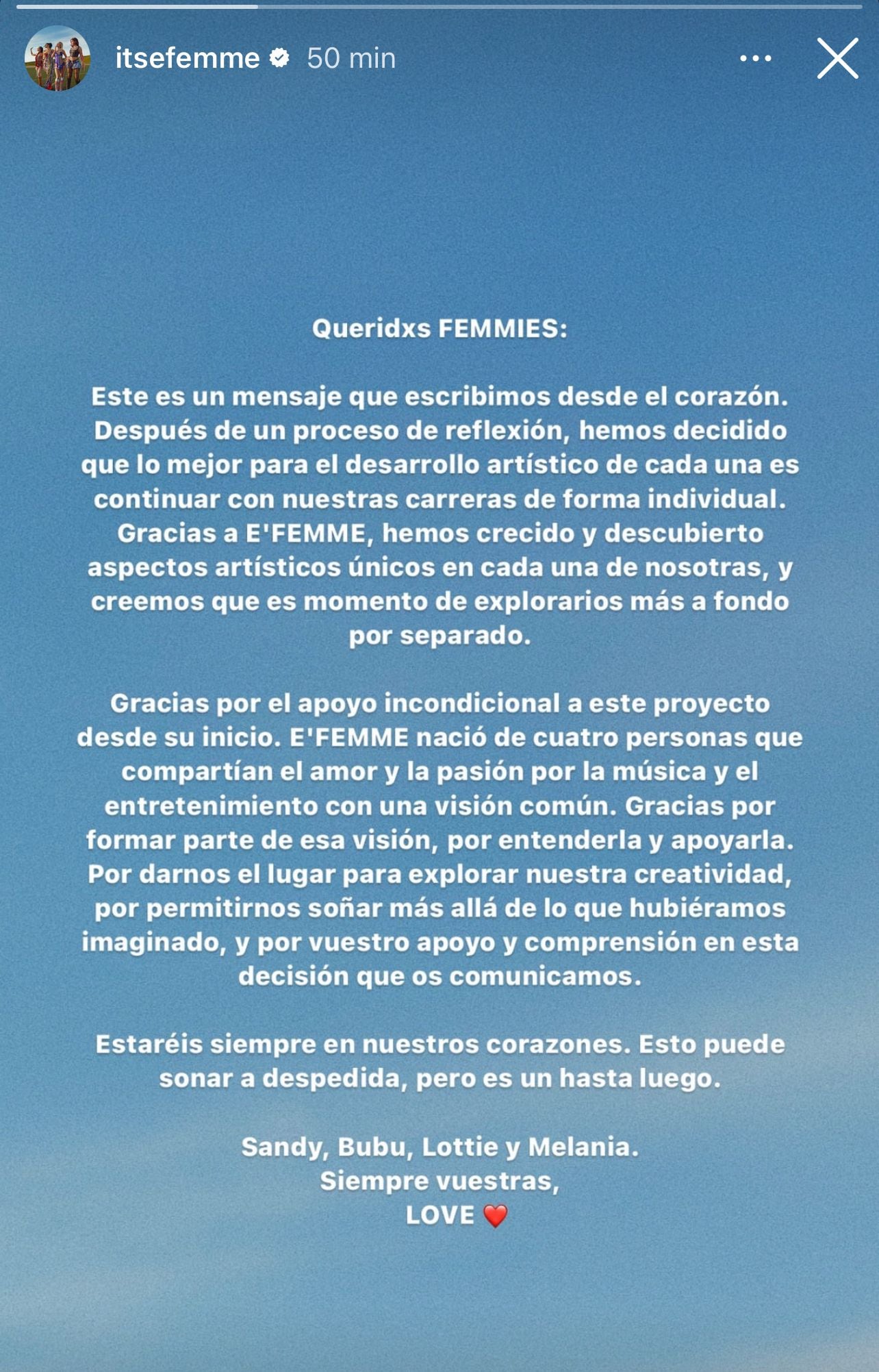 El comunicado de &#039;E&#039;Femme&#039; en redes sociales