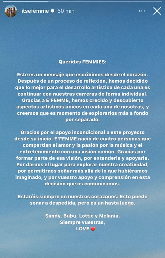 El comunicado de 'E'Femme' en redes sociales
