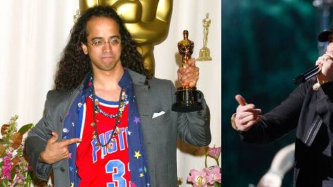 Luis Resto con el Oscar de Eminem en 2005, y el mismo Eminem actuando en la gala de 2020 la misma canción.