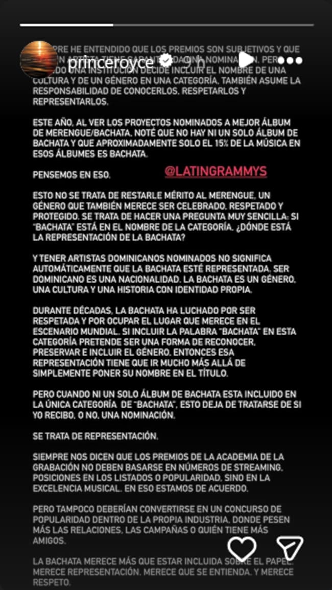 Prince Royce se queja de las nominaciones de los Premios Grammy Latinos 2026.