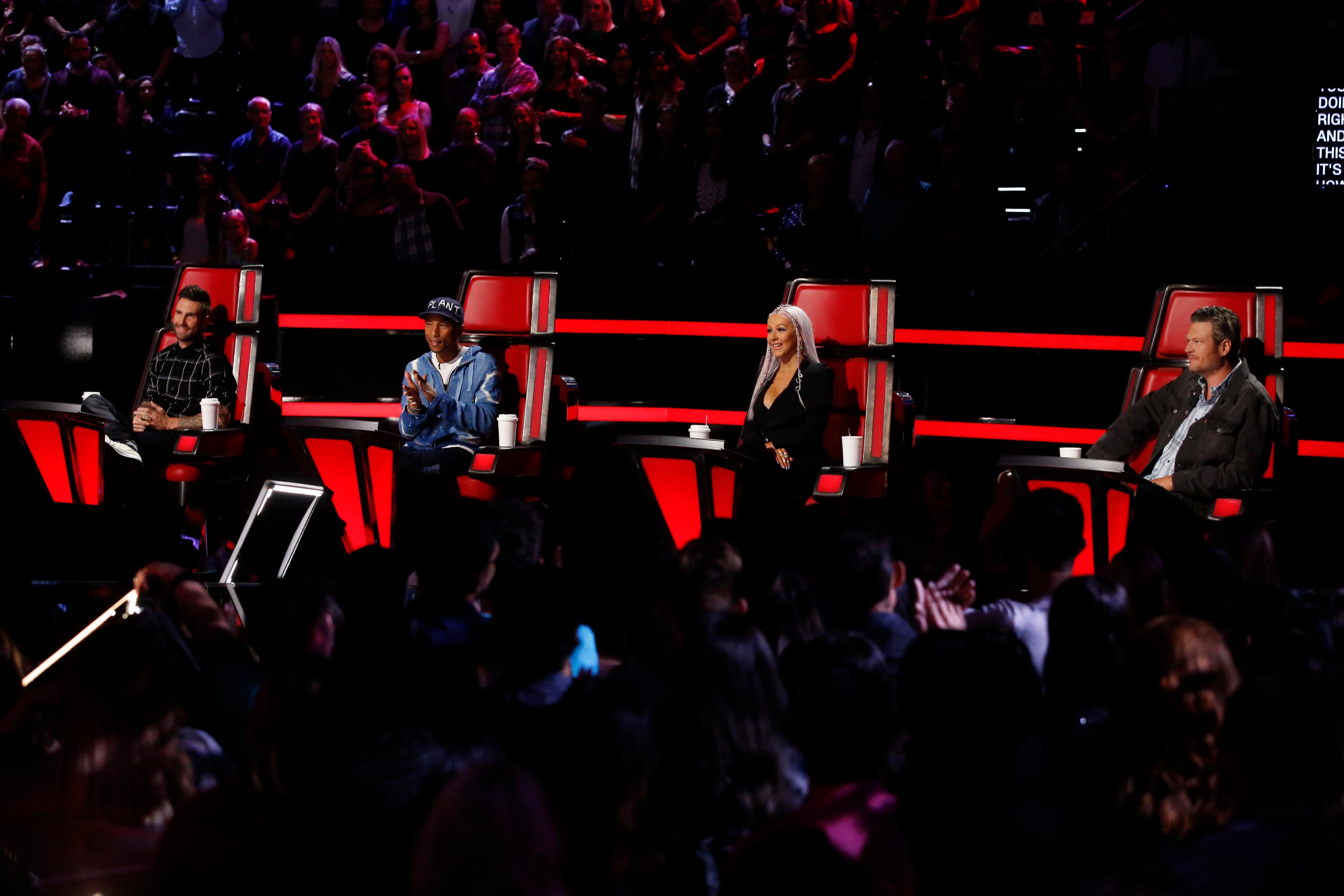 Adam Levine, Pharrell Williams, Christina Aguilera y Blake Shelton en 'The Voice' 2016.
