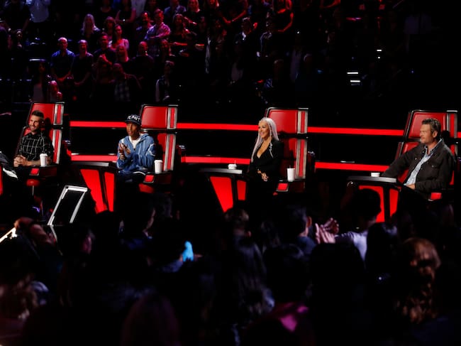 Adam Levine, Pharrell Williams, Christina Aguilera y Blake Shelton en 'The Voice' 2016.