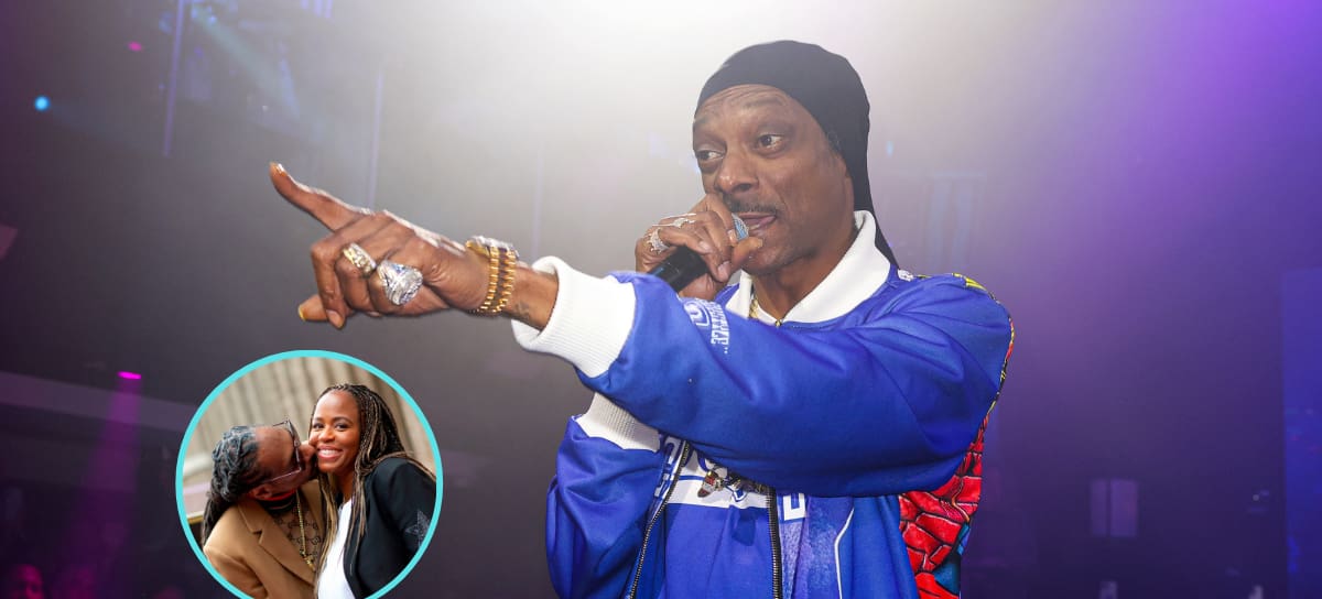 Snoop Dogg cantando y de fondo él y su esposa mostrándose cariño (Fotos vía  Getty Images)