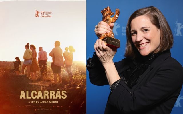 El cartel de la película y su directora, Carla Simón, levantando el Oso de Oro de la Berlinale.