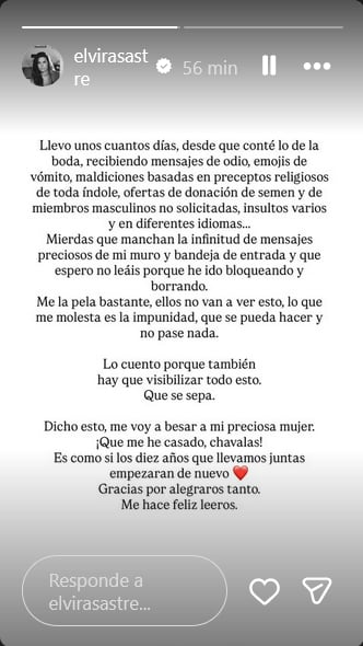 Elvira Sastre se pronuncia ante las críticas recibidas por su boda con una mujer.