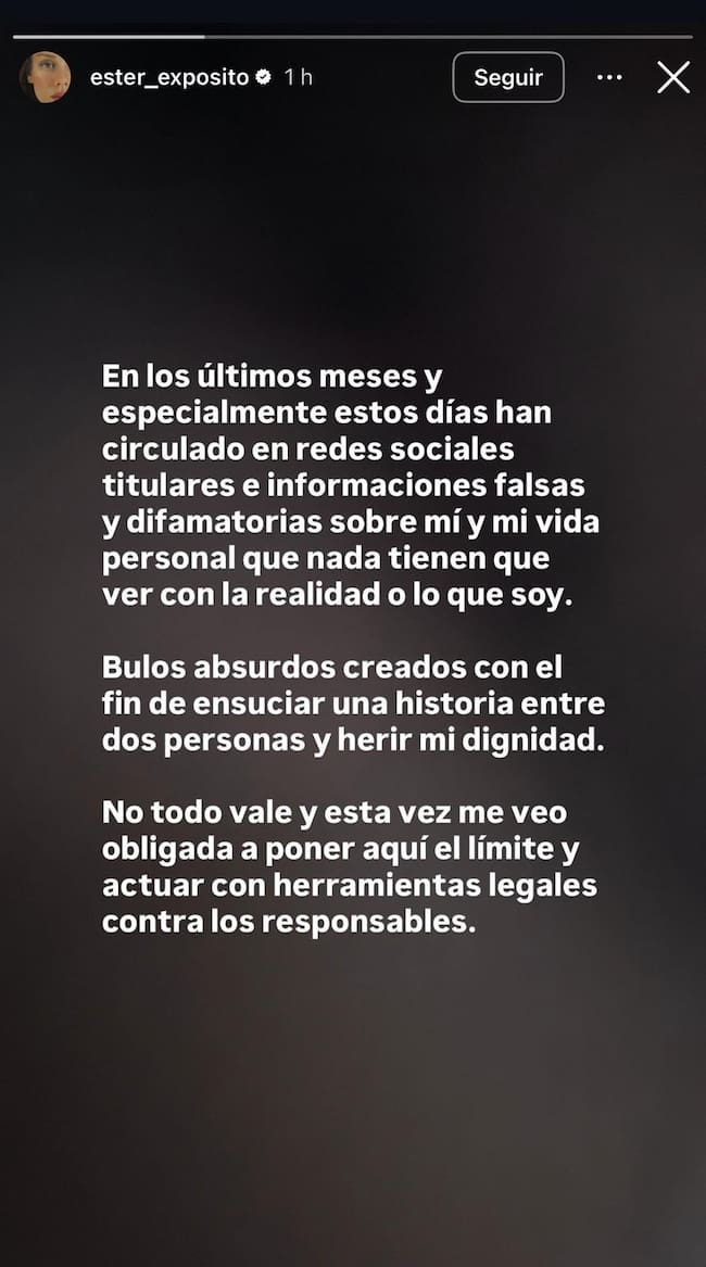 Mensaje de Ester Expósito en Instagram