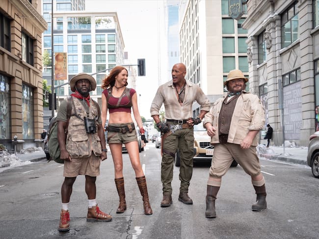 Kevin Hart, Karen Gillan, Dwayne Johnson y Jack Black en 'Jumanji: Mundo Abierto'. / Sony Pictures