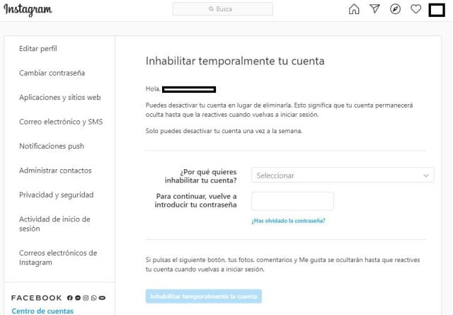 Inhabilitar temporalmente una cuenta de Instagram.