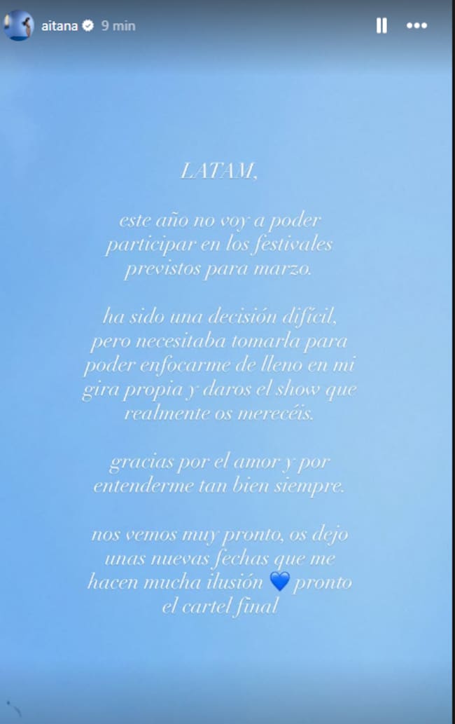 Comunicado de Aitana en Instagram