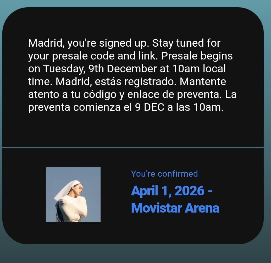 Notificación de preventa de entradas para los conciertos de Rosalía.