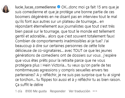 Mensaje de Lucie Lucas en Instagram