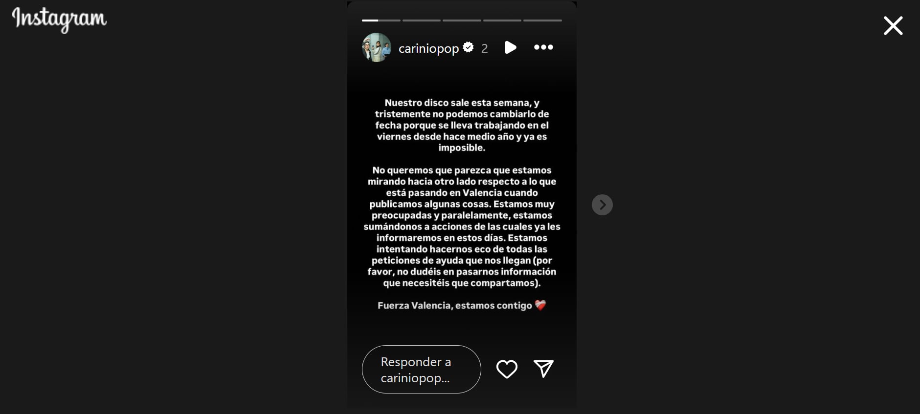 Historia de Instagram de Cariño sobre su lanzamiento.