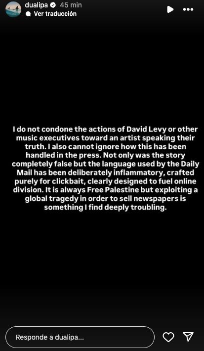Comunicado de Dua Lipa tras la acusación del Daily Mail