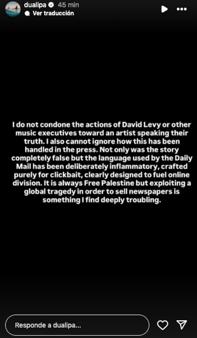 Comunicado de Dua Lipa tras la acusación del Daily Mail