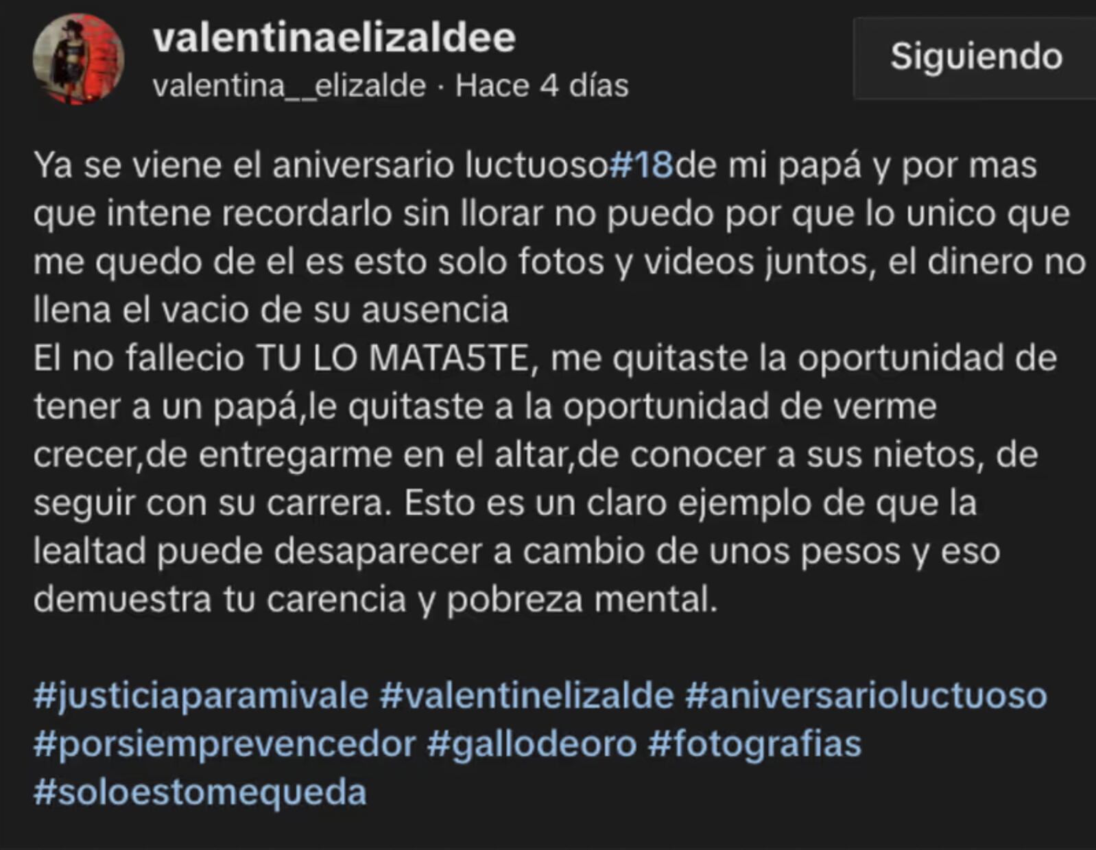 Valentina Elizalde manda polémico mensaje sobre la muerte de su papá