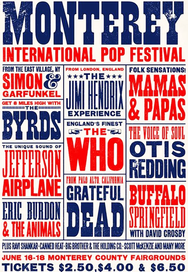 Cartel oficial del primer gran festival de música, el Monterey International Pop Festival.