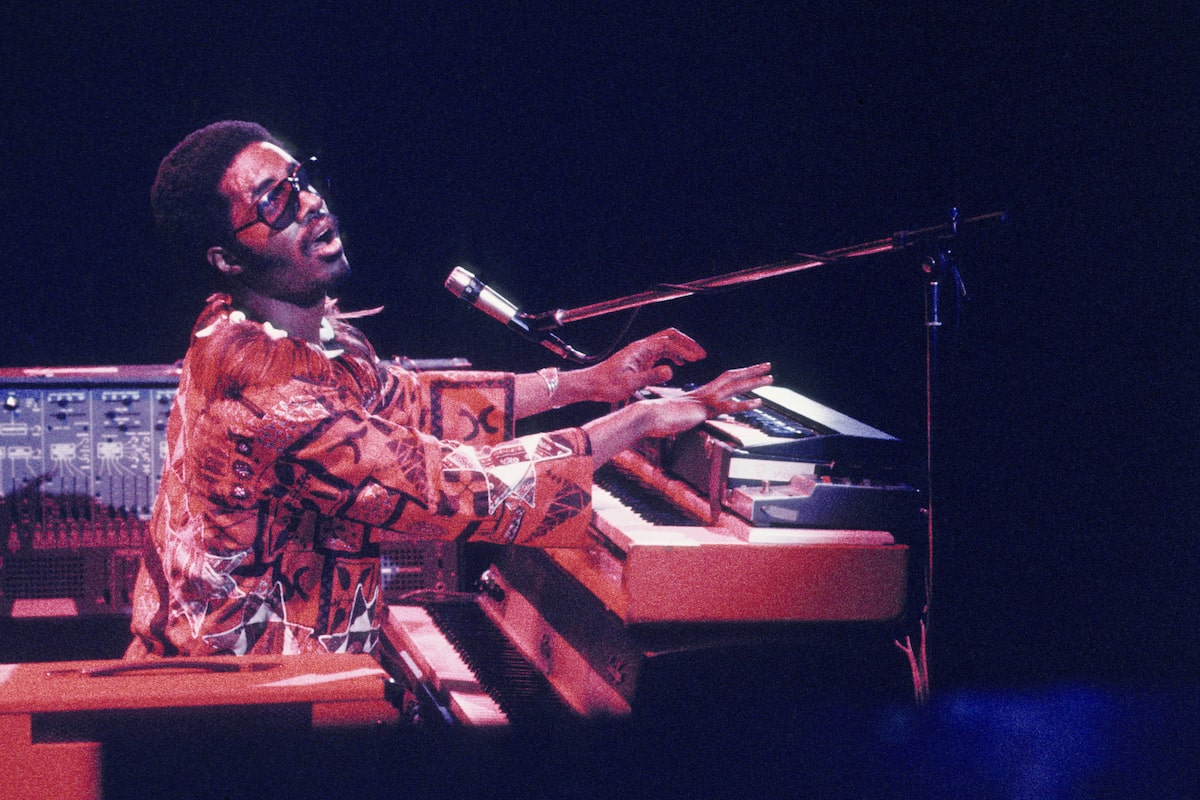 Stevie Wonder performing at a keyboard during his return to the stage in 1974.