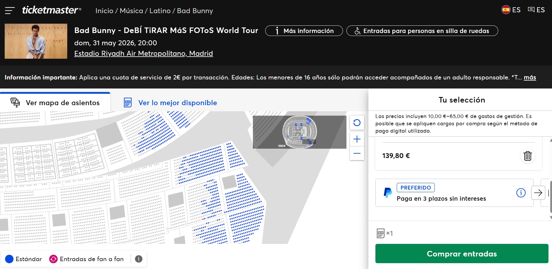Entradas Bad Bunny captura de Ticketmaster