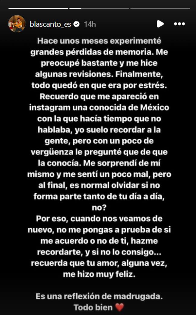 Blas Cantó habla de sus pérdidas de memoria en Instagram