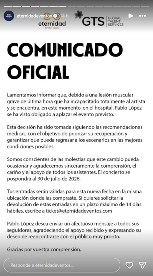 Eternidad Eventos y GTS Talent España lanzan un comunicado sobre el aplazamiento del concierto de Pablo López en Fuengirola.