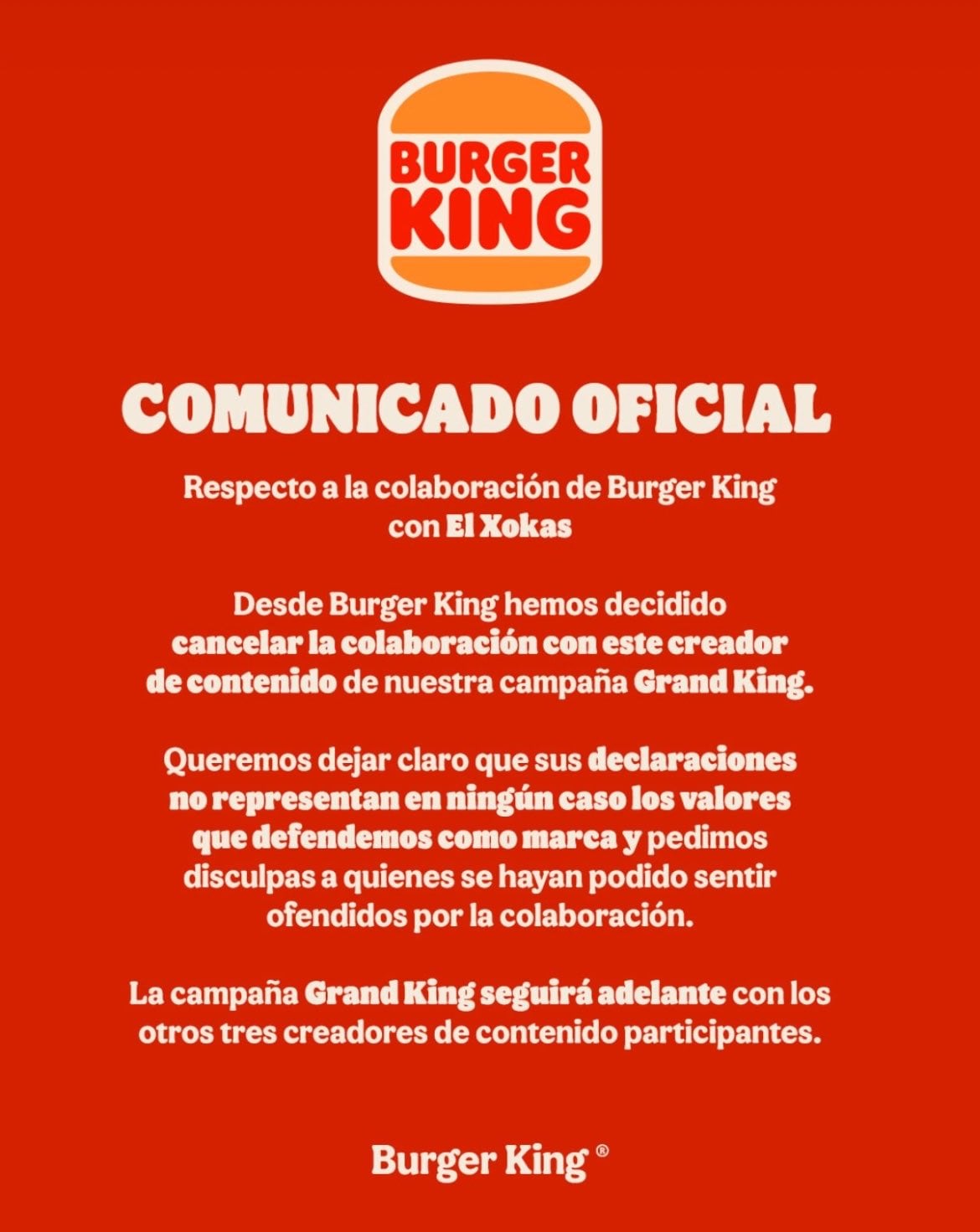 Comunicado de Burger King sobre El Xocas