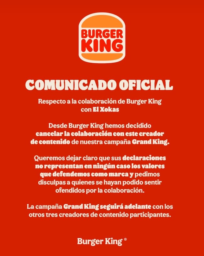 Comunicado de Burger King sobre El Xocas