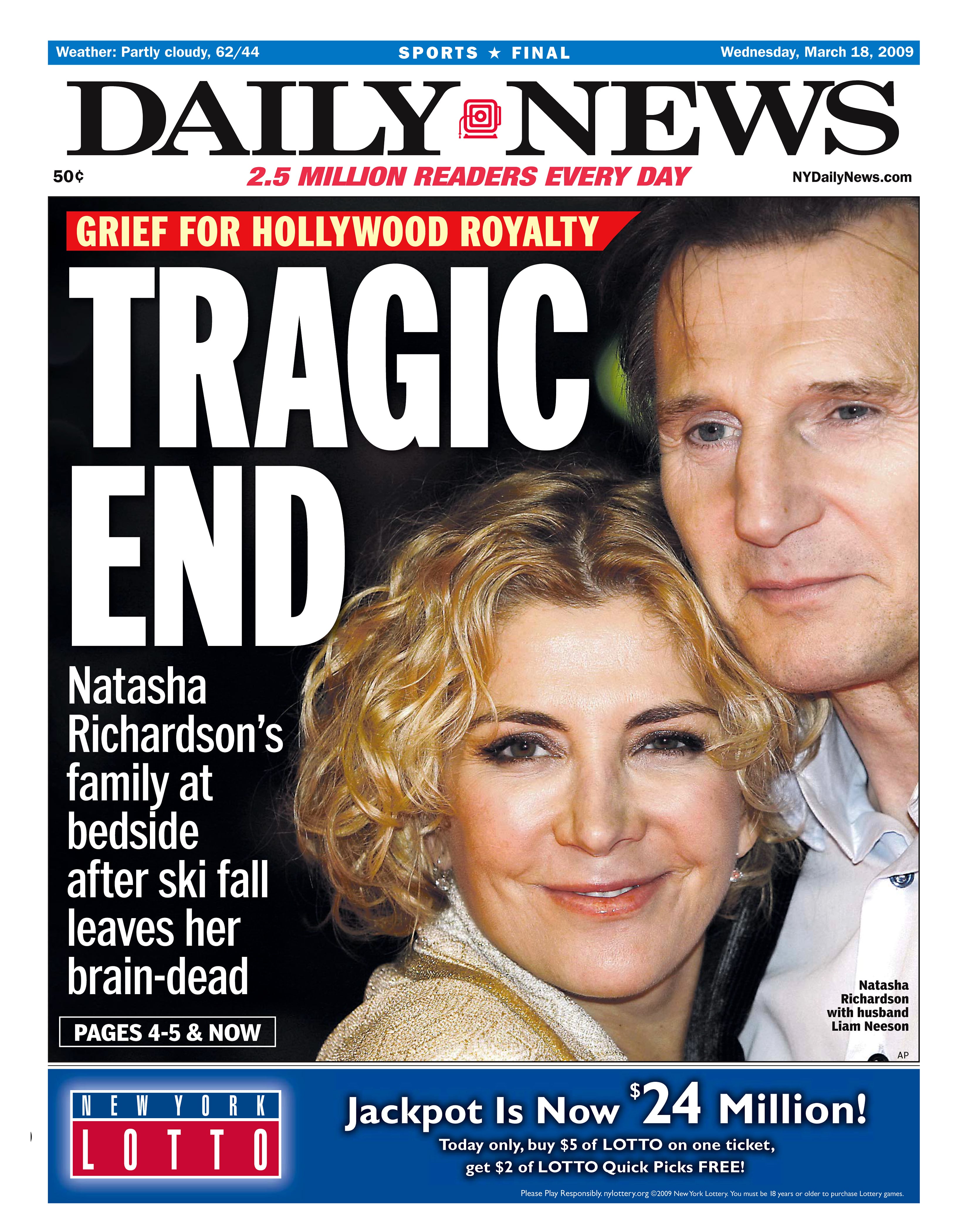 Portada del 18 de marzo de 2009 con la noticia de la muerte de Natasha Richardson, mujer de Liam Neeson.