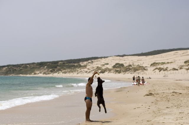 Un hombre con su perro en una playa de Cádiz.