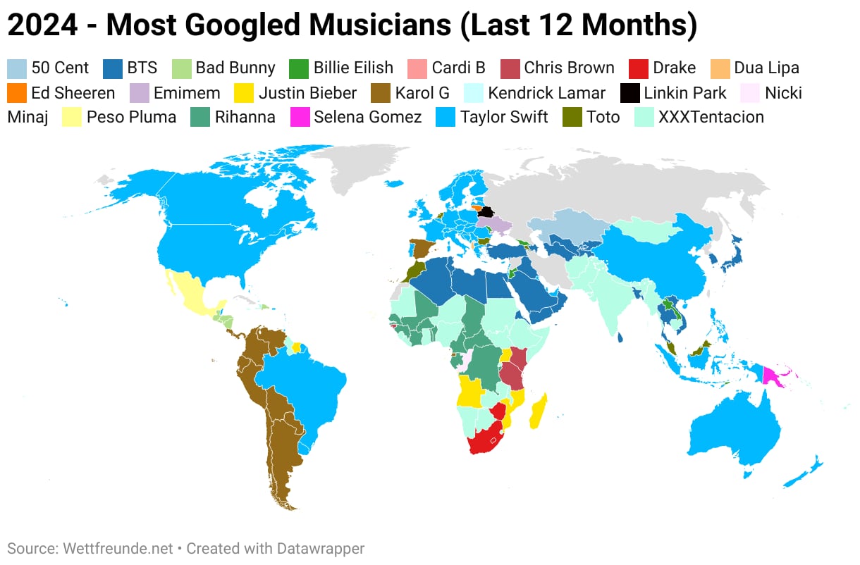 Mapa gráfico de los artistas más buscados en Google en 2024