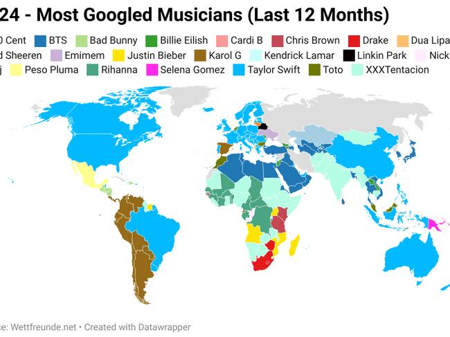 Mapa gráfico de los artistas más buscados en Google en 2024