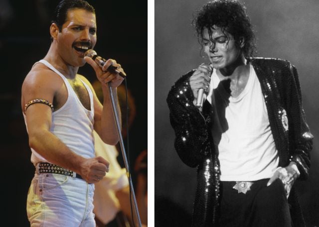 Freddie Mercury y Michael Jackson, actuando en directo en 1985 y 1987.