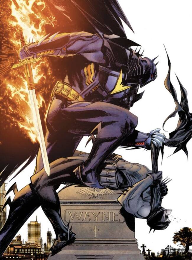 Azrael y su espada flamígera son un problema para Batman.