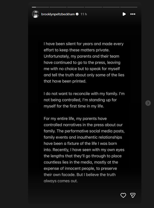 Captura de pantalla del comunicado de Brooklyn Beckham (Instagram)