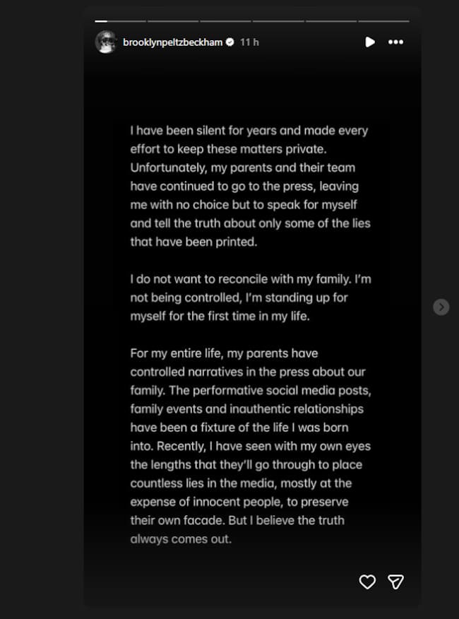 Captura de pantalla del comunicado de Brooklyn Beckham (Instagram)