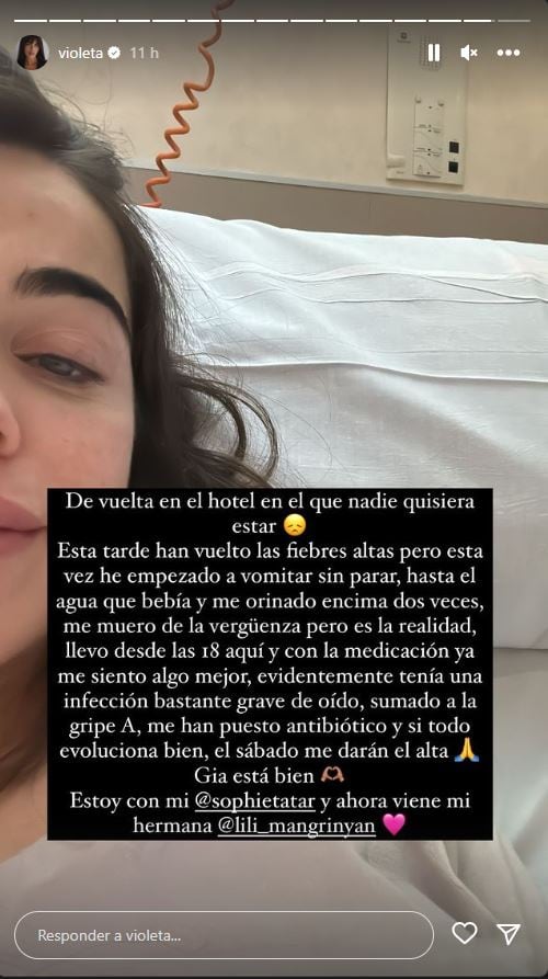 Storie de Violeta Mangriñán explicando su estado de salud tras su segundo ingreso en dos días.