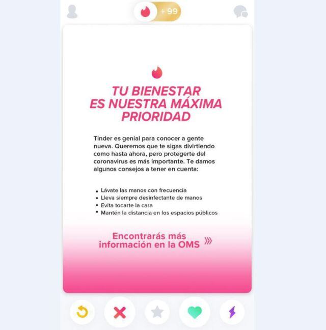 Mensaje de Tinder a sus usuarios