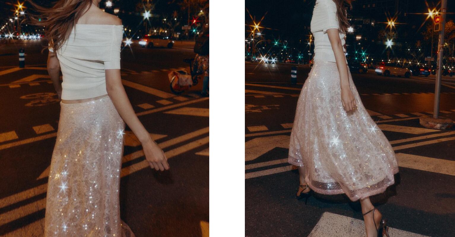 Top blanco y falda de lentejuelas de Zara