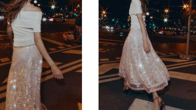 Top blanco y falda de lentejuelas de Zara