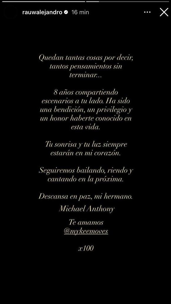 Comunicado de Rauw Alejandro ante la muerte del bailarín Mykee Moves en Instagram el 14 de julio de 2026